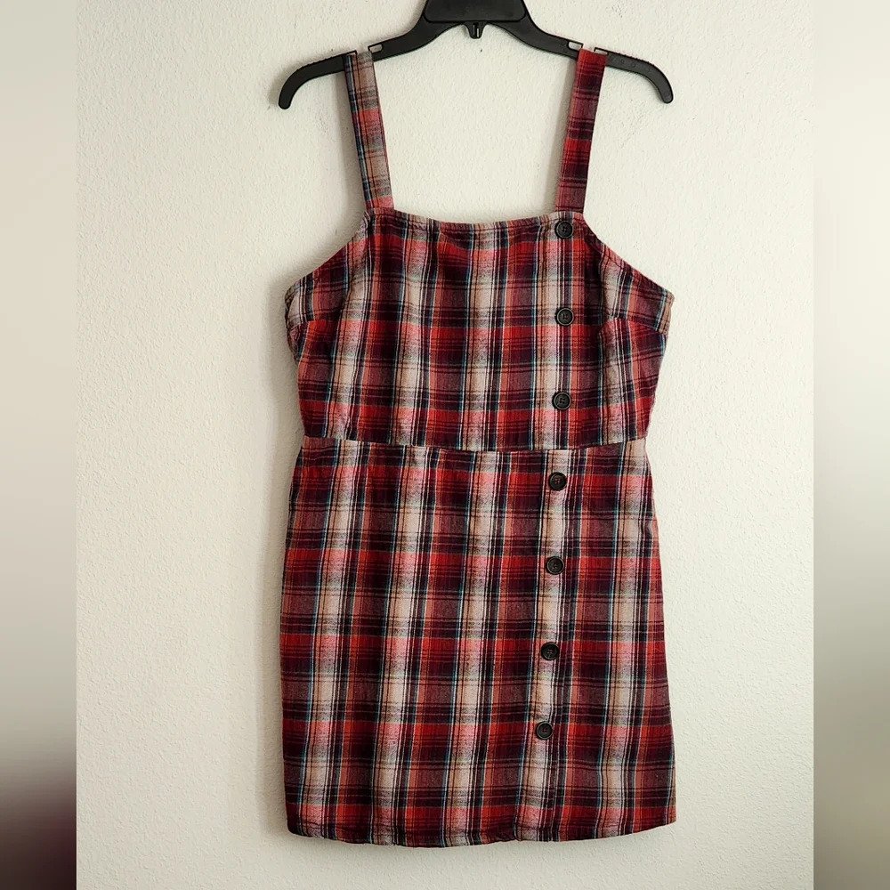 Wild Fable Plaid Tartan Overall Dress Button Detail Back Zipper Red/White/Blue